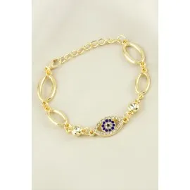 Oval Gözlü Taşlı Trend Bileklik-Sarı