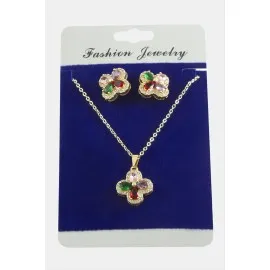 Çiçek Zirkon Taşlı Set Kolye-Renkli