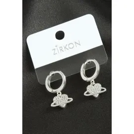 Kalp Zirkon Taşlı Küpe-Gümüş Rengi