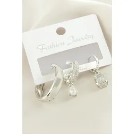 3 Adet Baget Zirkon Taşlı Küpe-Gümüş Rengi