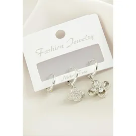 3 Adet Çiçek Zirkon Taşlı Küpe-Gümüş Rengi