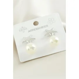 Yıldız Metal İnci Küpe-Gümüş Rengi