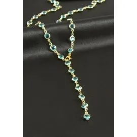 Yuvarlak Zirkon Taşlı Çelik Y Kolye-Açık Mavi