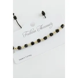 Küp Top Metal Kristal Bileklik-Siyah