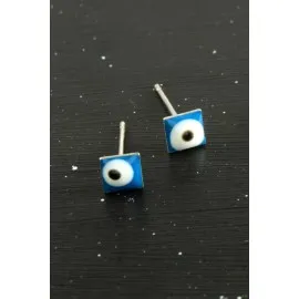 Mavi Renkli Kare Nazar Mineli Minik Küpe 1 Çift-Mavi