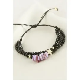 3Lü Kırık Doğaltaş Kristal Zincirli Bileklik-Lila