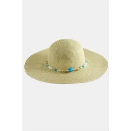 Boncuklu Hasır Şapka-Bej