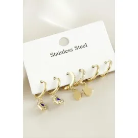 6 Adet  Göz Zirkon Taşlı Lüks Çelik Küpe-Sarı