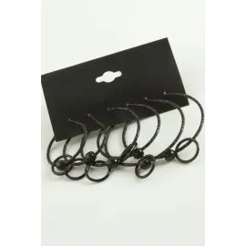 Noktalı İç İçe Metal Halka Küpe 6 Adet-Siyah