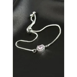 Kalp Zirkon Taşlı Asansörlü Bileklik  Ciddi İlişki Bilekliği-Açık Pembe