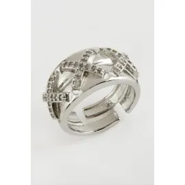 Çarpı Taşlı Metal Yüzük-Gümüş Rengi