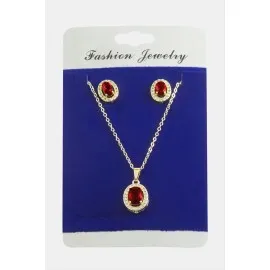 Oval Zirkon Taşlı Set Kolye-Kırmızı