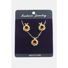 Çiçek Zirkon Taşlı Set Kolye-Kırmızı