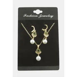 Kalp İnci Zirkon Taşlı Set Kolye-Yeşil