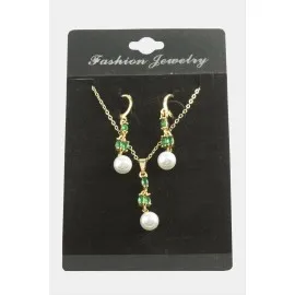 Çiçek İnci Zirkon Taşlı Set Kolye-Yeşil