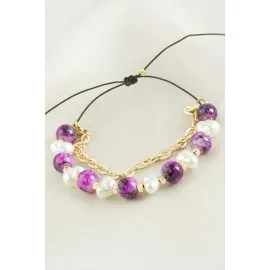 İnci Boncuk Zincirli Bileklik-Pembe