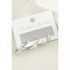 3 Adet Kalp Zirkon Taşlı Küpe-Gümüş Rengi