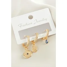 3 Adet Göz Zirkon Taşlı Küpe-Sarı