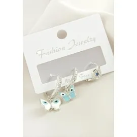 3 Adet Kelebek Zirkon Taşlı Küpe-Gümüş Rengi