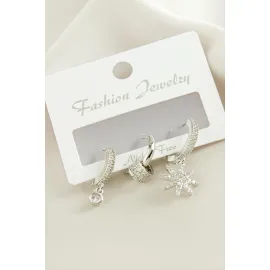 3 Adet Yıldız Zirkon Taşlı Küpe-Gümüş Rengi