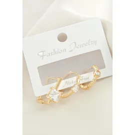 3 Adet Kare Zirkon Taşlı Küpe-Gümüş Rengi