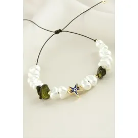 Deniz Yıldızı  Kırık Doğaltaşlı İnci Bileklik-Yeşil