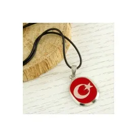 Ay Yıldız Metal Vinlex Deri Kolye-Kırmızı