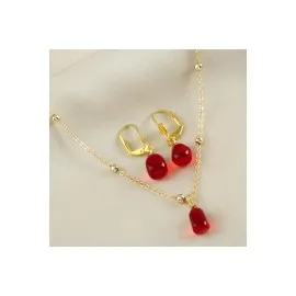 Cam Sanatı Murano Nar Tanesi Kutulu Set Kolye-Kırmızı