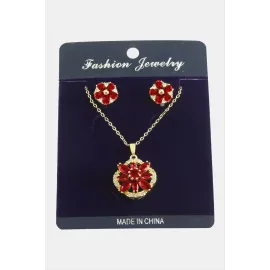 Çiçek Zirkon Taşlı Set Kolye-Kırmızı