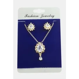 Oval Zirkon Taşlı Set Kolye-Gümüş Rengi