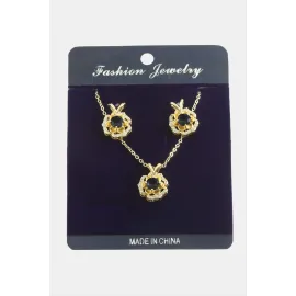 Gül Zirkon Taşlı Set Kolye-Siyah