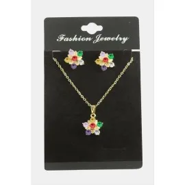 Çiçek Zirkon Taşlı Set Kolye-Renkli