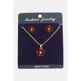 Papatya Zirkon Taşlı Set Kolye-Kırmızı