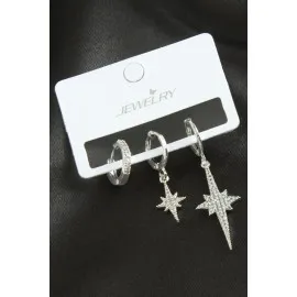 3 Adet Şimşek Zirkon Taşlı Küpe-Gümüş Rengi