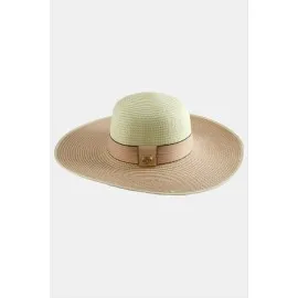 Şeritli Hasır Şapka-Pudra Rengi