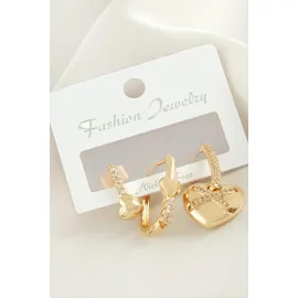 3 Adet Kalp Zirkon Taşlı Küpe-Sarı