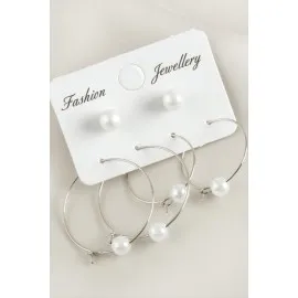 6 Adet İnci Halka Küpe 2,5 Cm-Gümüş Rengi