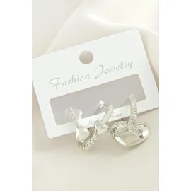 3 Adet Kalp Zirkon Taşlı Küpe-Gümüş Rengi