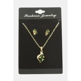Çiçek Zirkon Taşlı Set Kolye-Yeşil