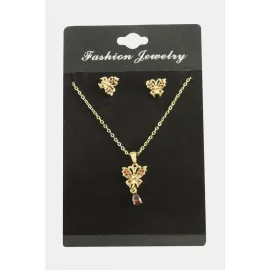 Kelebek Zirkon Taşlı Set Kolye-Kırmızı