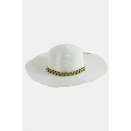 Boncuk Örme Hasır Şapka-Beyaz