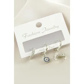 3 Adet Hilal Zirkon Taşlı Küpe-Gümüş Rengi