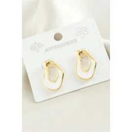 Oval Mineli Metal Küpe-Beyaz