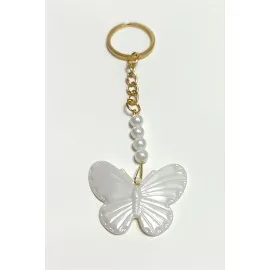 Kelebek İnci Anahtarlık-Beyaz