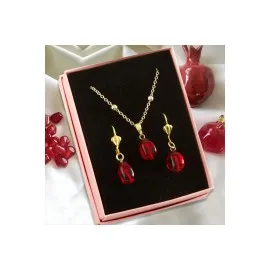 Cam Sanatı Murano Nar Tanesi Kutulu Set Kolye-Kırmızı