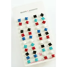 Kare Mineli Minik Küpe-Renkli