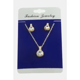 Yuvarlak Zirkon Taşlı Set Kolye-Gümüş Rengi