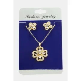 Çiçek Zirkon Taşlı Set Kolye-Yeşil