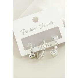 3 Adet Kalp Zirkon Taşlı Küpe-Gümüş Rengi