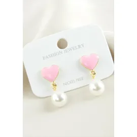 Kalp Mineli İnci Küpe-Pembe